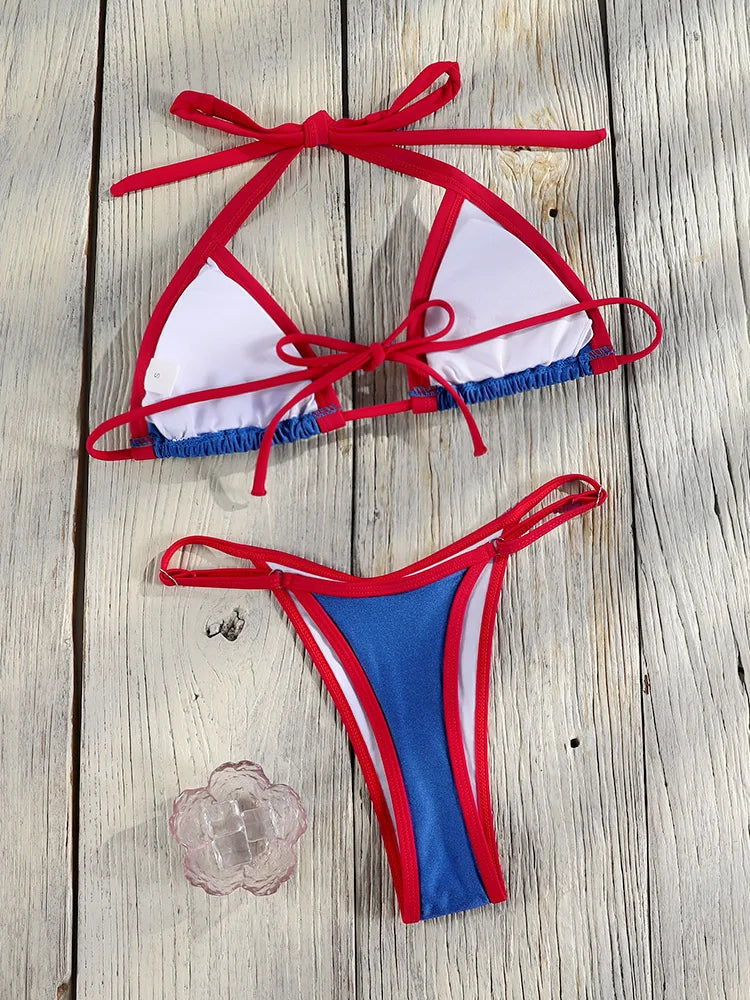 Bordered Bikinis Set Triangle Women's Swimwear 2026 Sexy Swimsuit Blue Bathing Suit Micro Biquini Brazilian Thongs Beach Wear