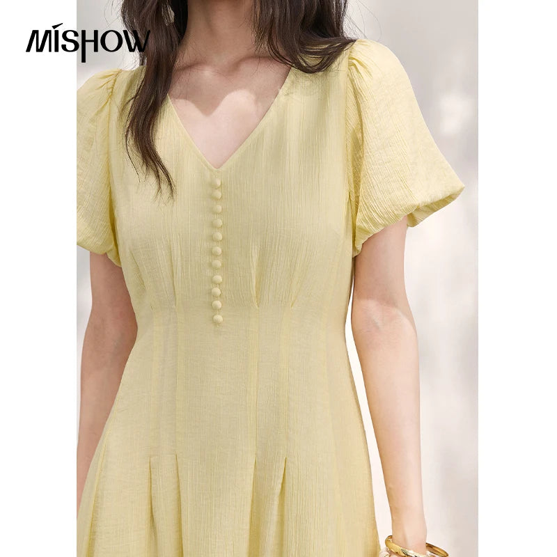MISHOW Women's French V Neck Puff Sleeve Midi Dress 2026 Summer Button Detail Waist Slim Yellow Elegant Long Dress MXF29L2782