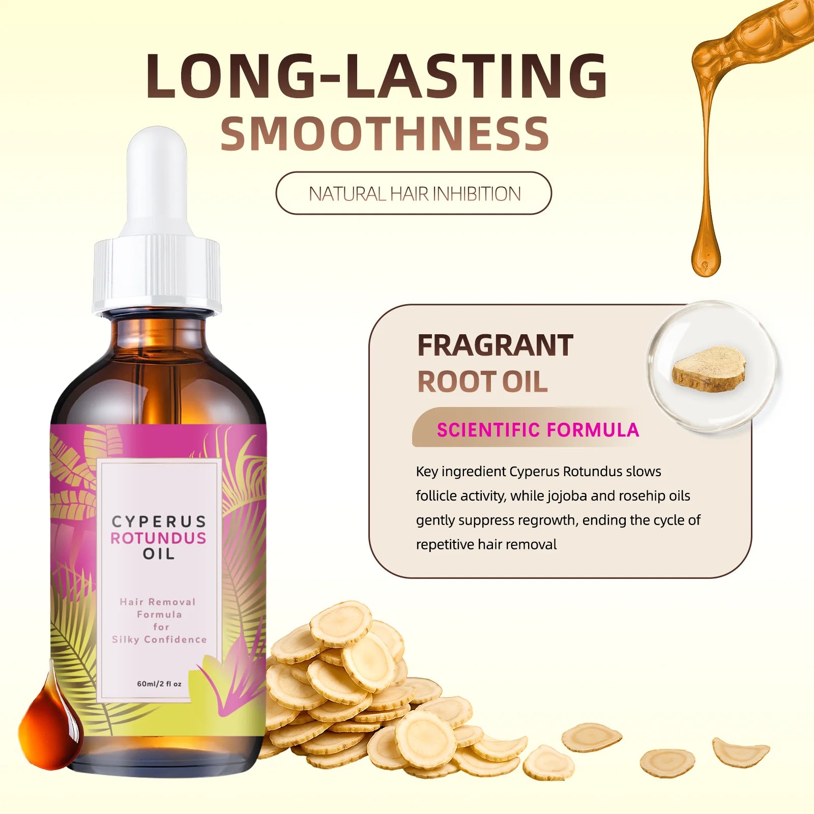 زيت تثبيط نمو الشعر الطبيعي 60مل بالجوجوبا واللوز | Natural Hair Growth Inhibitor Oil 60ml Jojoba Almond Smooth Skin
