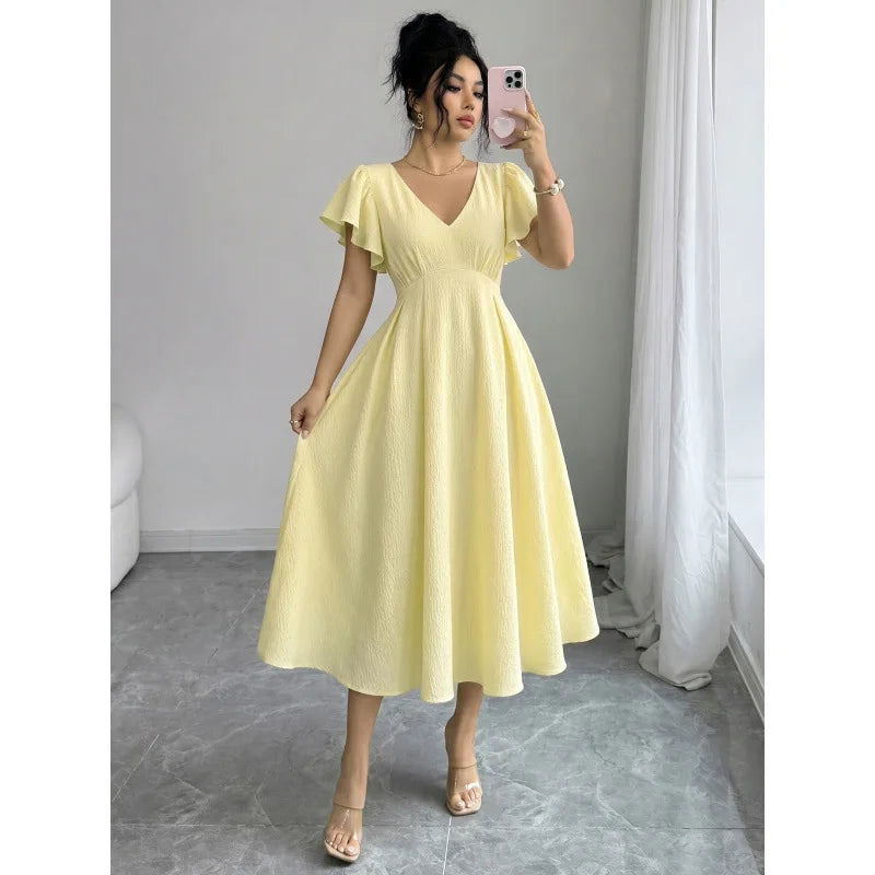 Women's New Summer French Elegant Casual Solid Color Ruffle V-neck A-line Long Dress Dresses For Women Clothing Lace Bandage