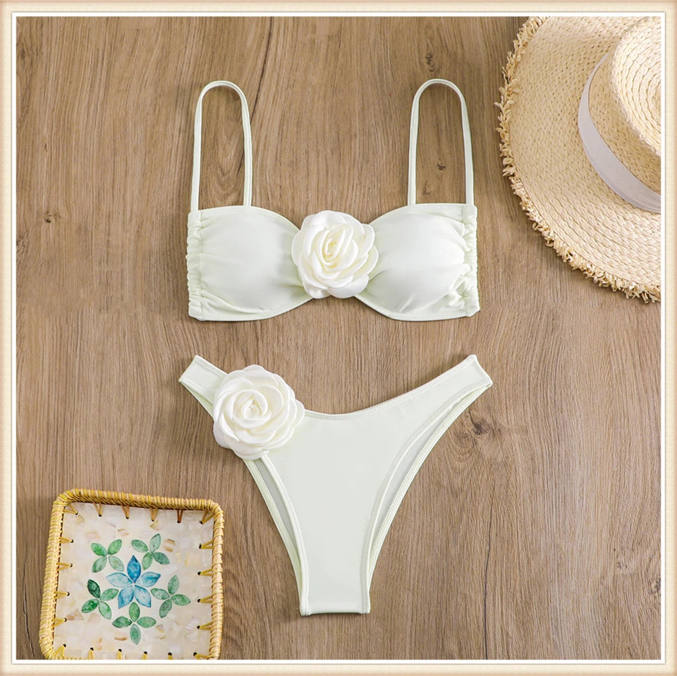 Bandeau Bikini Front 3D Flower Flower Decoration Swimwear Women High Waist Solid Swimsuit Elegant Beachwear Bathing Suit Summer