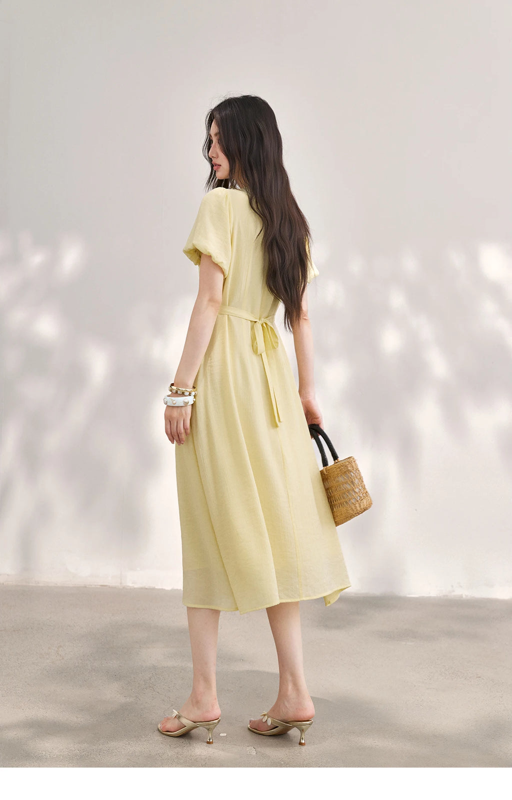 MISHOW Women's French V Neck Puff Sleeve Midi Dress 2026 Summer Button Detail Waist Slim Yellow Elegant Long Dress MXF29L2782
