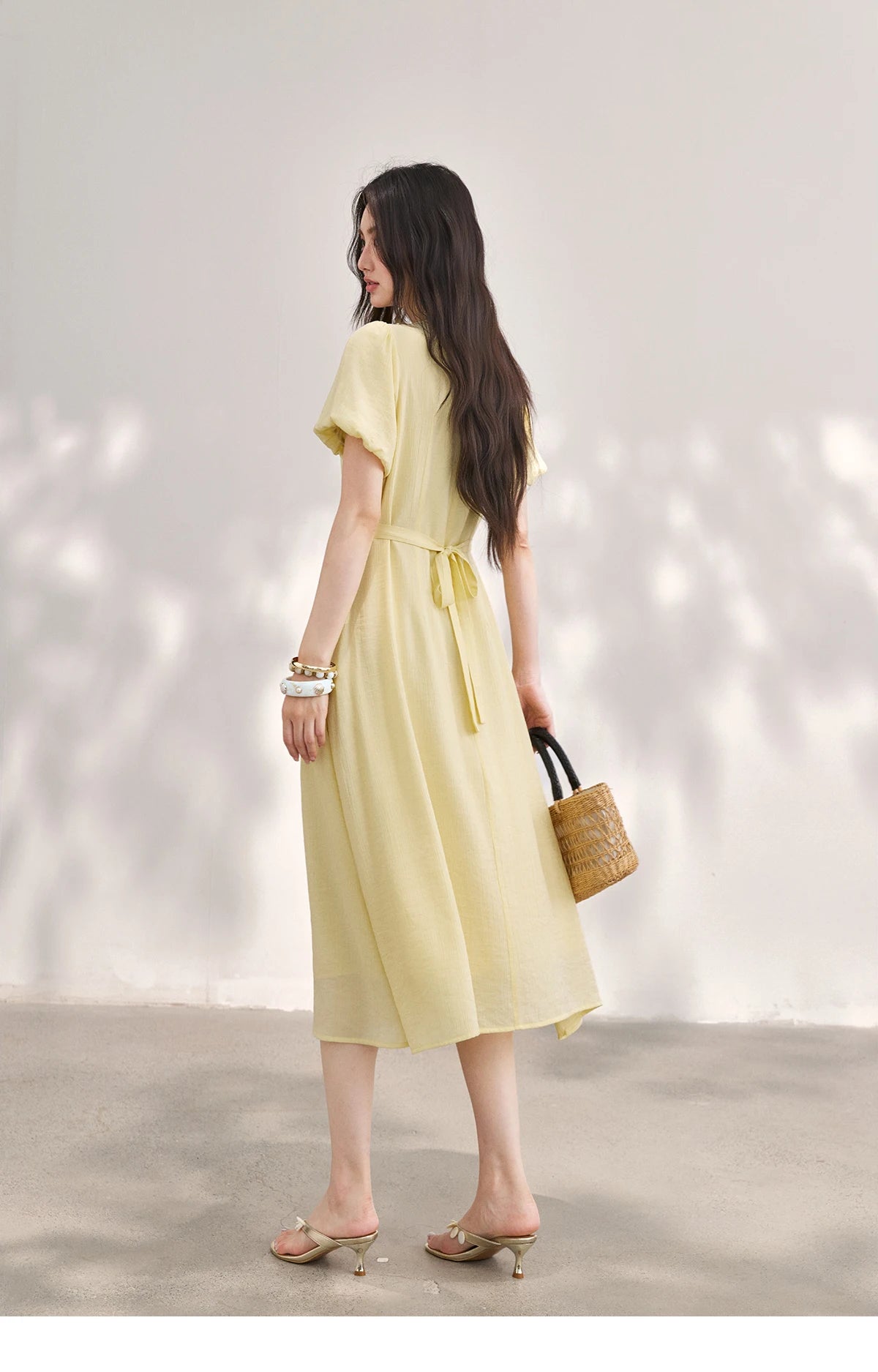 MISHOW Women's French V Neck Puff Sleeve Midi Dress 2026 Summer Button Detail Waist Slim Yellow Elegant Long Dress MXF29L2782