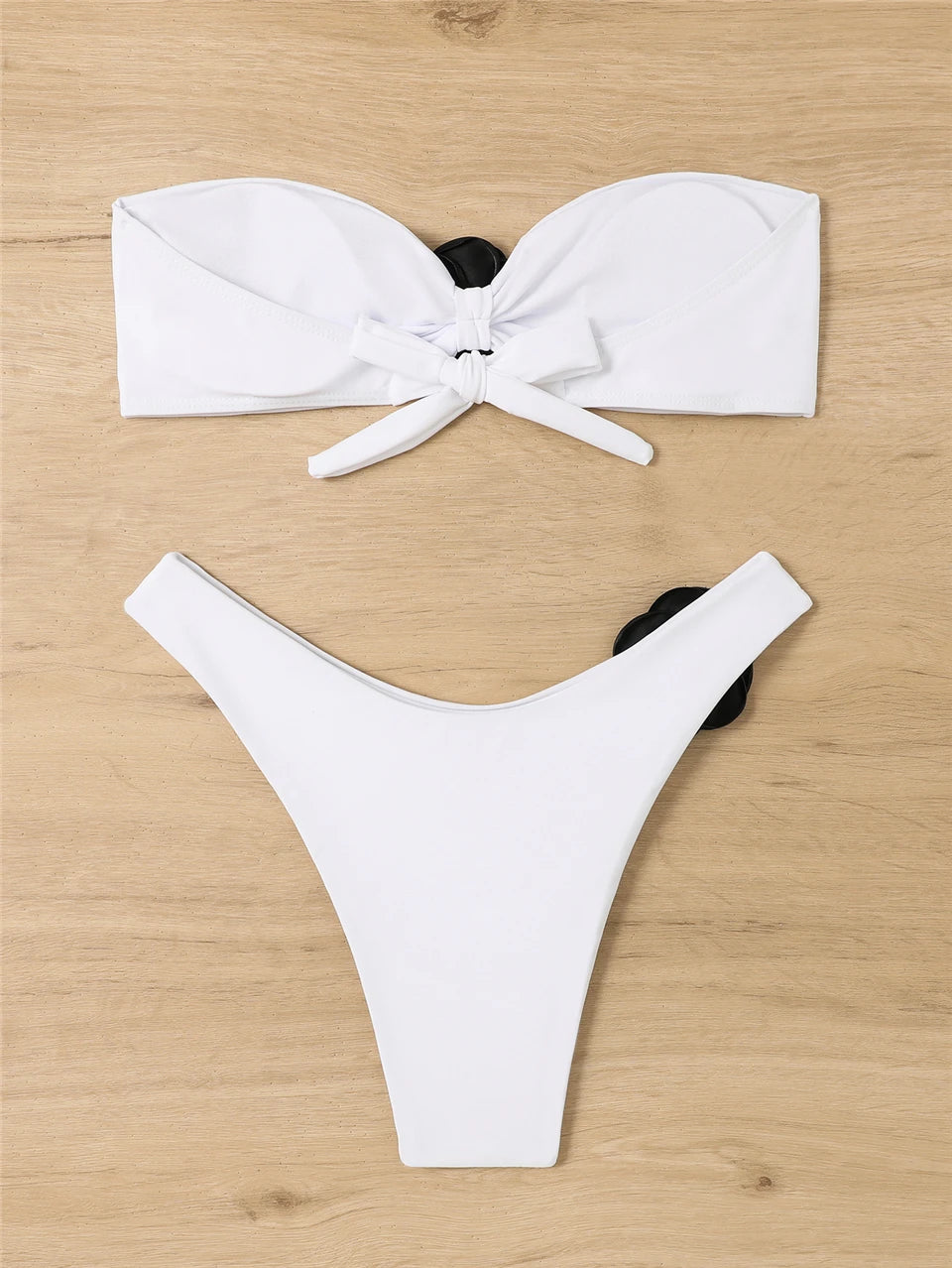 Bandeau Bikini Front 3D Flower Flower Decoration Swimwear Women High Waist Solid Swimsuit Elegant Beachwear Bathing Suit Summer