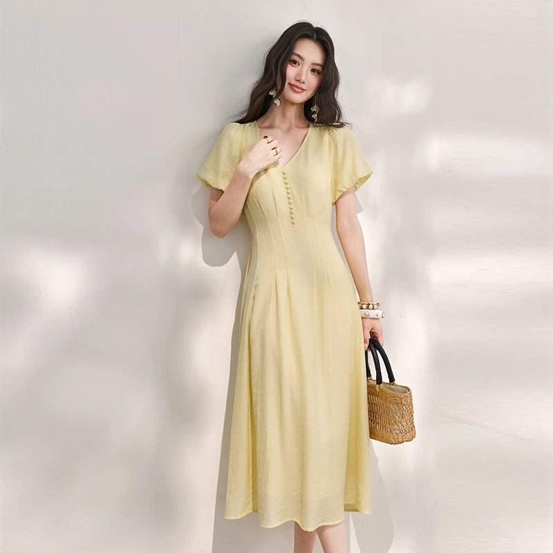 MISHOW Women's French V Neck Puff Sleeve Midi Dress 2026 Summer Button Detail Waist Slim Yellow Elegant Long Dress MXF29L2782