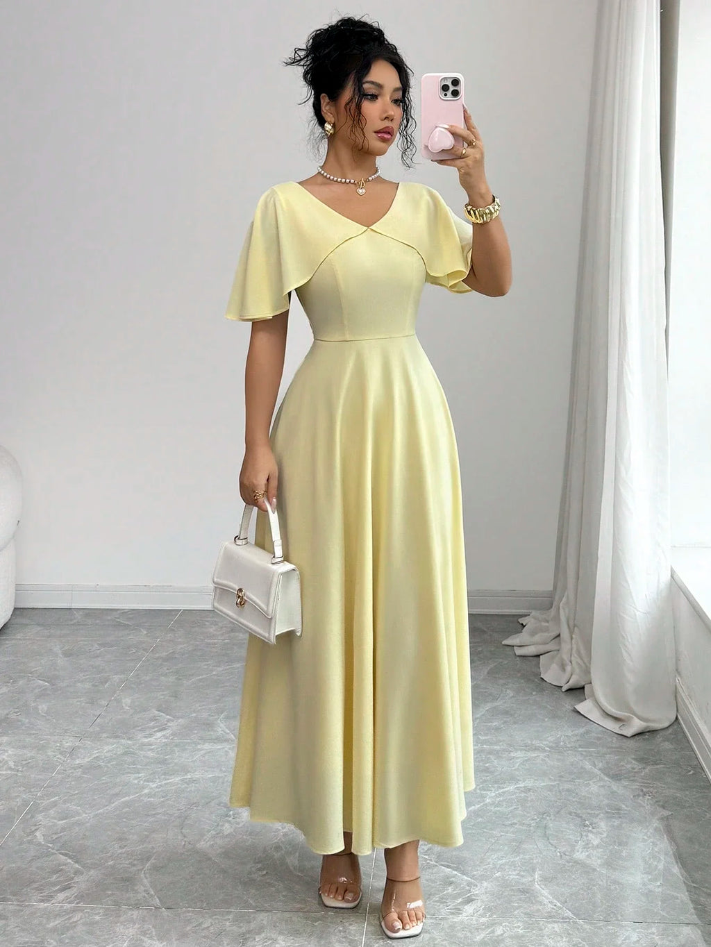 Women's Spring Summer V-Neck Ruffle Sleeve Cinched Waist A-Line Dress Pale Yellow