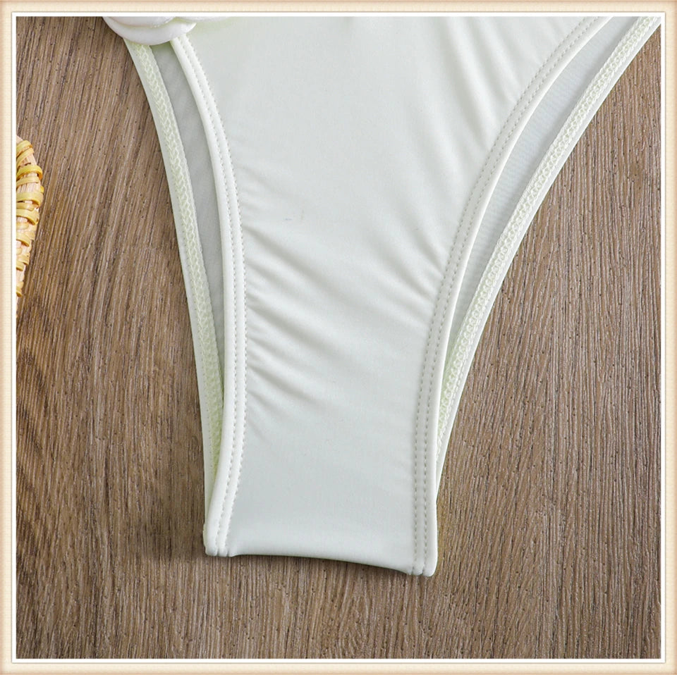 Bandeau Bikini Front 3D Flower Flower Decoration Swimwear Women High Waist Solid Swimsuit Elegant Beachwear Bathing Suit Summer