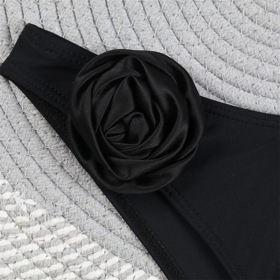 Bandeau Bikini Front 3D Flower Flower Decoration Swimwear Women High Waist Solid Swimsuit Elegant Beachwear Bathing Suit Summer