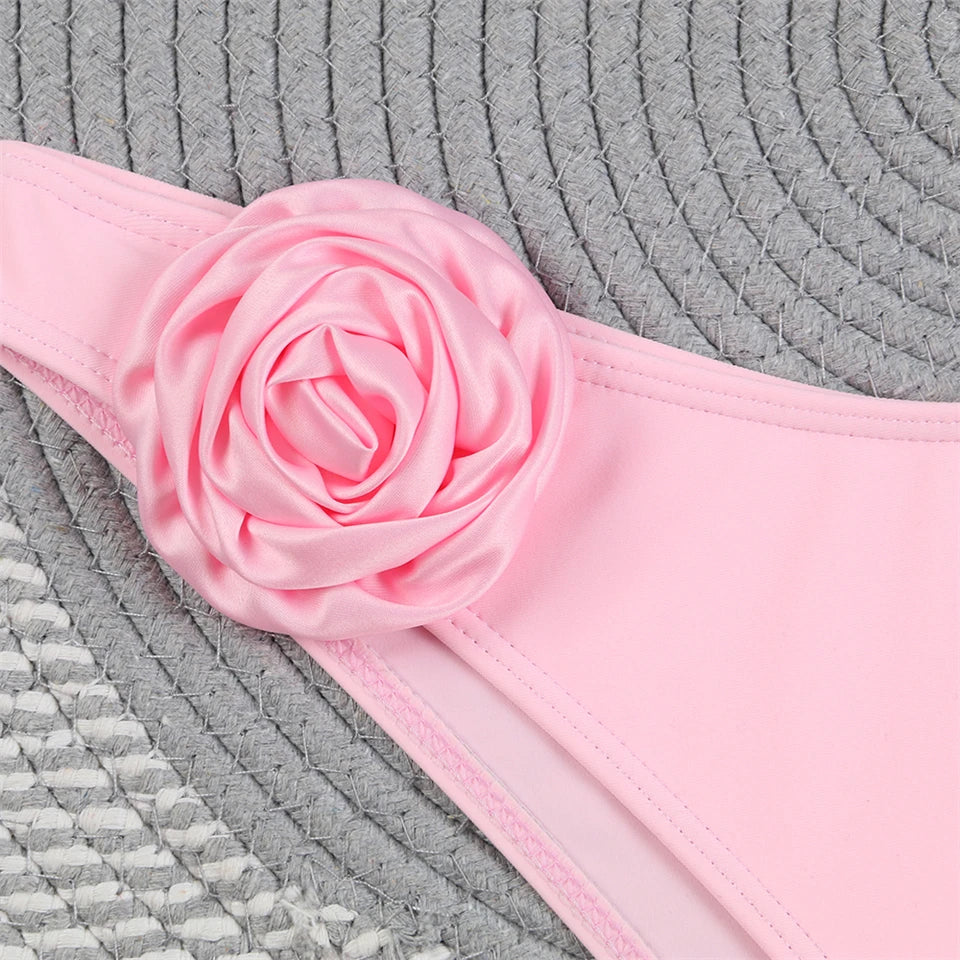 Bandeau Bikini Front 3D Flower Flower Decoration Swimwear Women High Waist Solid Swimsuit Elegant Beachwear Bathing Suit Summer