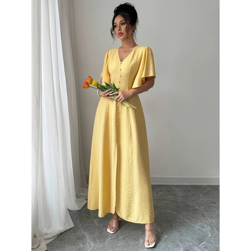 Chic Short Sleeved V Neck Yellow Split Dress Women Casual Single Breasted Buckle Slim Midi Dresses Summer Lady Highstreet Robes