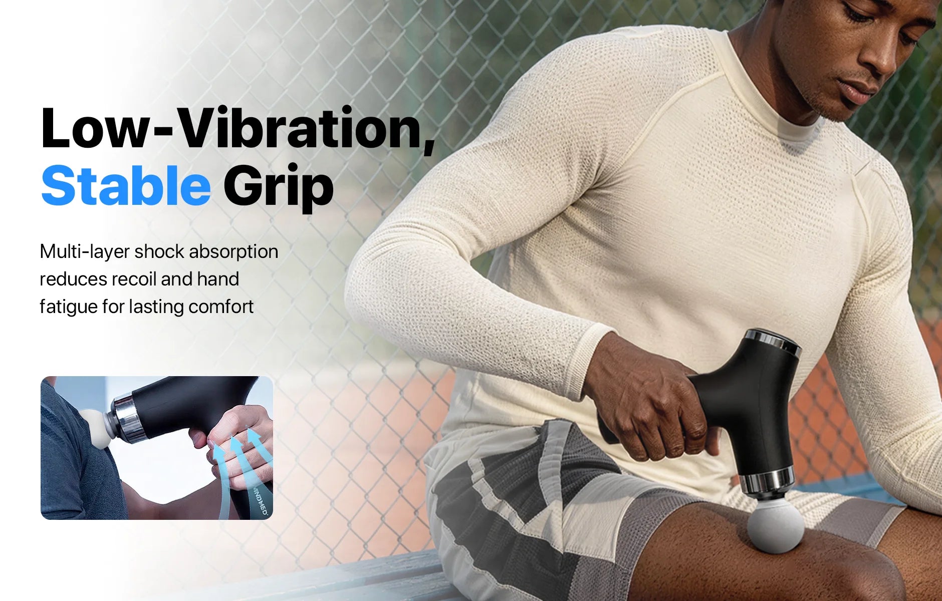 MINDMED Long Handle Detachable Massage Gun Deep Tissue Muscle Gun for Back Neck Shoulder Body Recovery with 12 Speed & 4 Heads