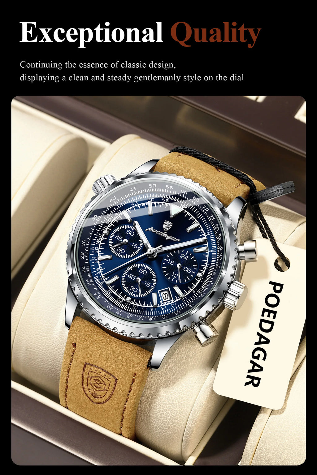 POEDAGAR Original Men's Clock Chronograph Date Waterproof Luminous Luxury Male Wristwatch Fashion Leather Quartz Watches For Man