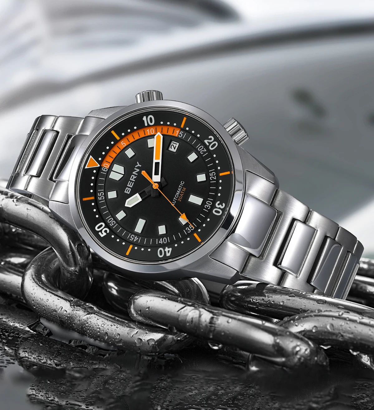 BERNY Automatic Diving Watches for Men 20ATM Super Luminous Mechanical Men's Diver Watch Sapphire Full Stainless Steel Dive