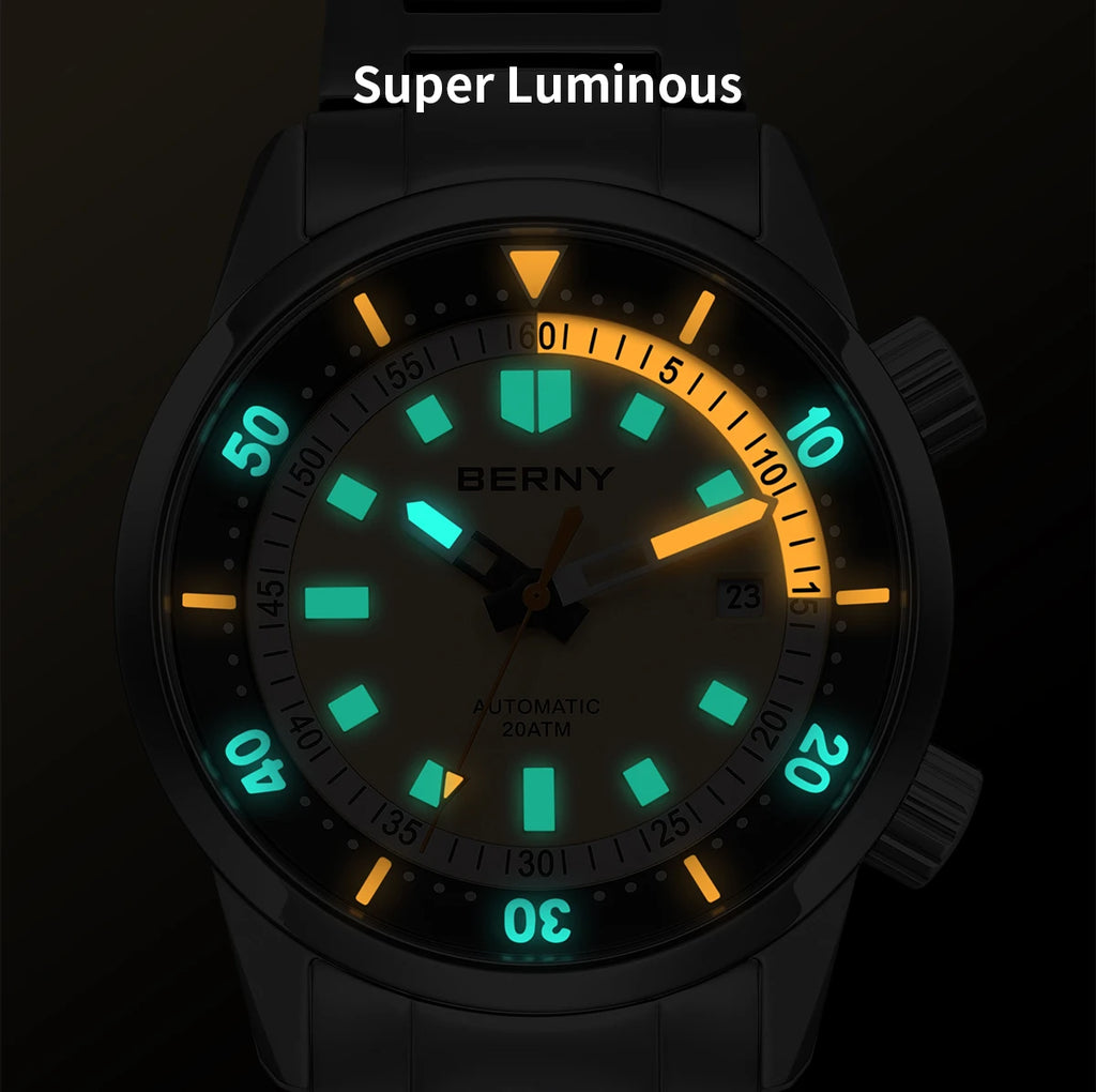 BERNY Automatic Diving Watches for Men 20ATM Super Luminous Mechanical Men's Diver Watch Sapphire Full Stainless Steel Dive