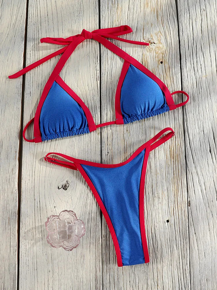 Bordered Bikinis Set Triangle Women's Swimwear 2026 Sexy Swimsuit Blue Bathing Suit Micro Biquini Brazilian Thongs Beach Wear