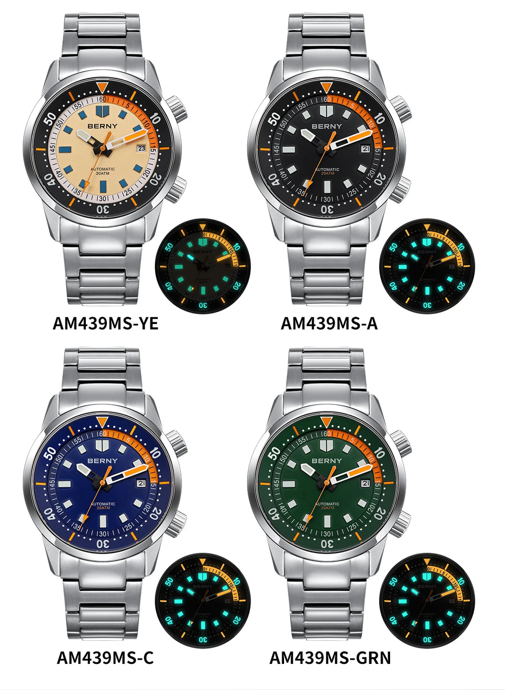 BERNY Automatic Diving Watches for Men 20ATM Super Luminous Mechanical Men's Diver Watch Sapphire Full Stainless Steel Dive
