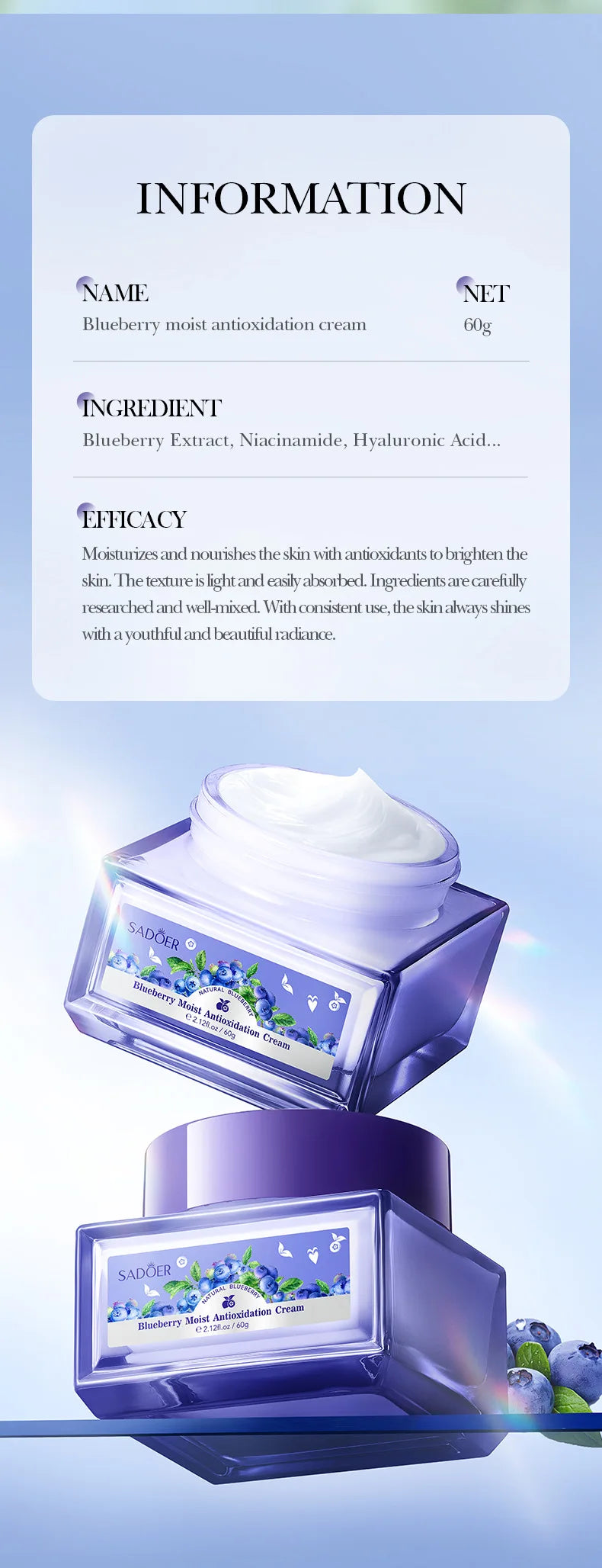 SADOER Blueberry Hyaluronic Acid Skin Brightening Cream Skincare Moisturizing Nourishing Facial Creams  Beauty Skin Care Product