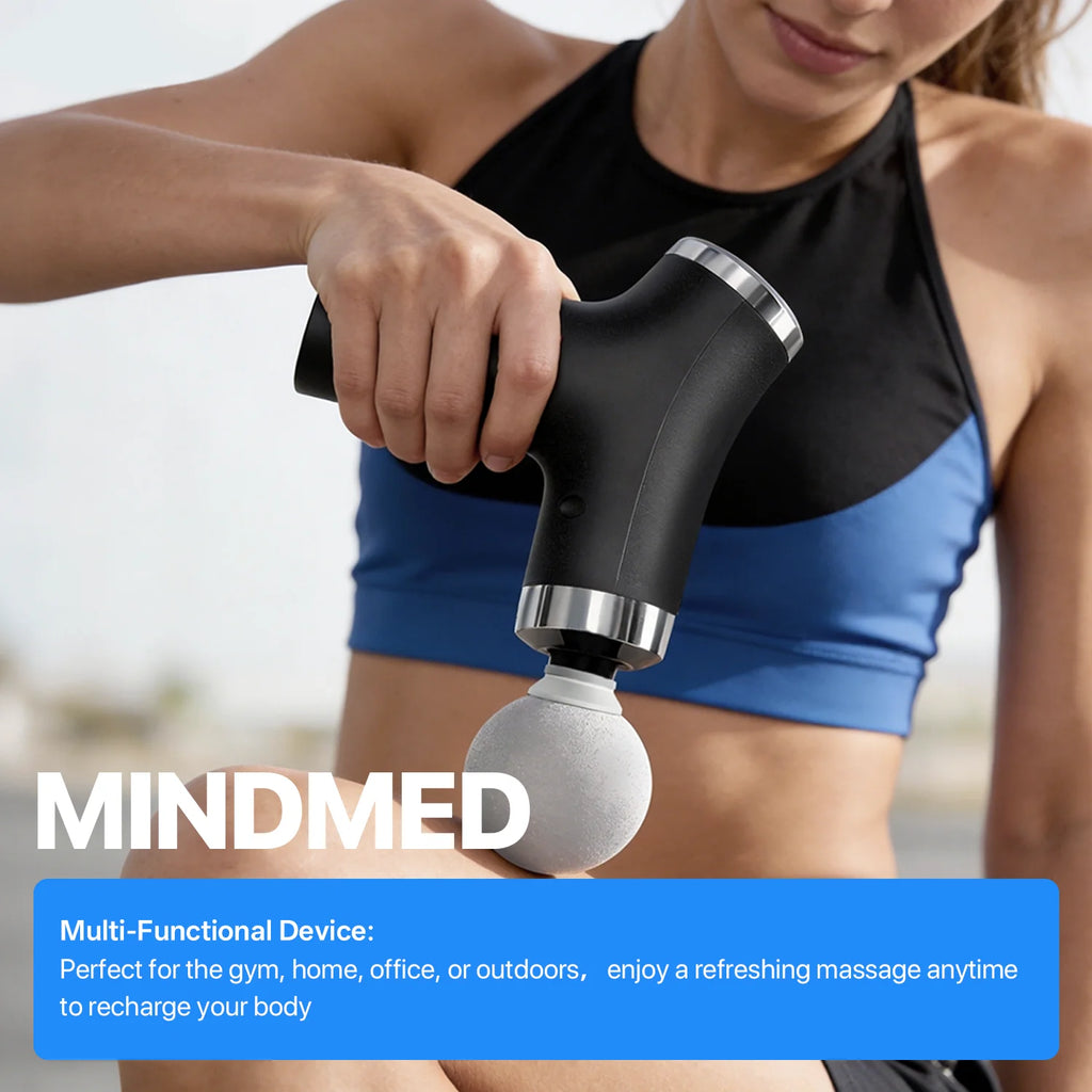 MINDMED Long Handle Detachable Massage Gun Deep Tissue Muscle Gun for Back Neck Shoulder Body Recovery with 12 Speed & 4 Heads