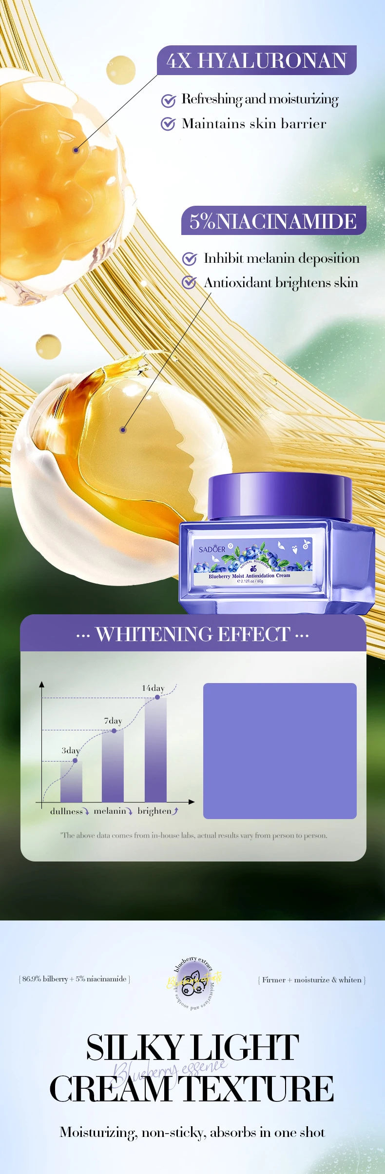 SADOER Blueberry Hyaluronic Acid Skin Brightening Cream Skincare Moisturizing Nourishing Facial Creams  Beauty Skin Care Product