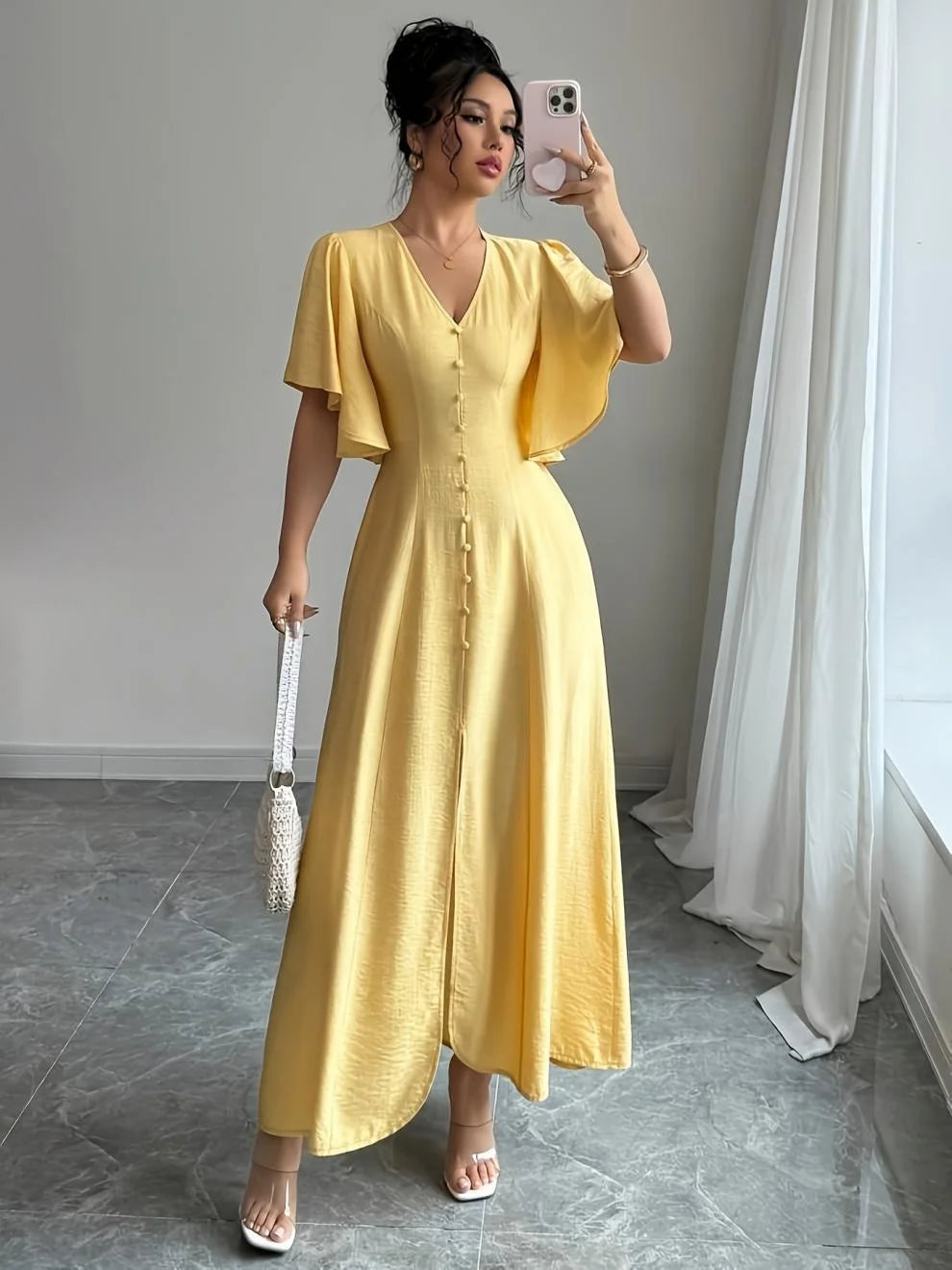 Chic Short Sleeved V Neck Yellow Split Dress Women Casual Single Breasted Buckle Slim Midi Dresses Summer Lady Highstreet Robes