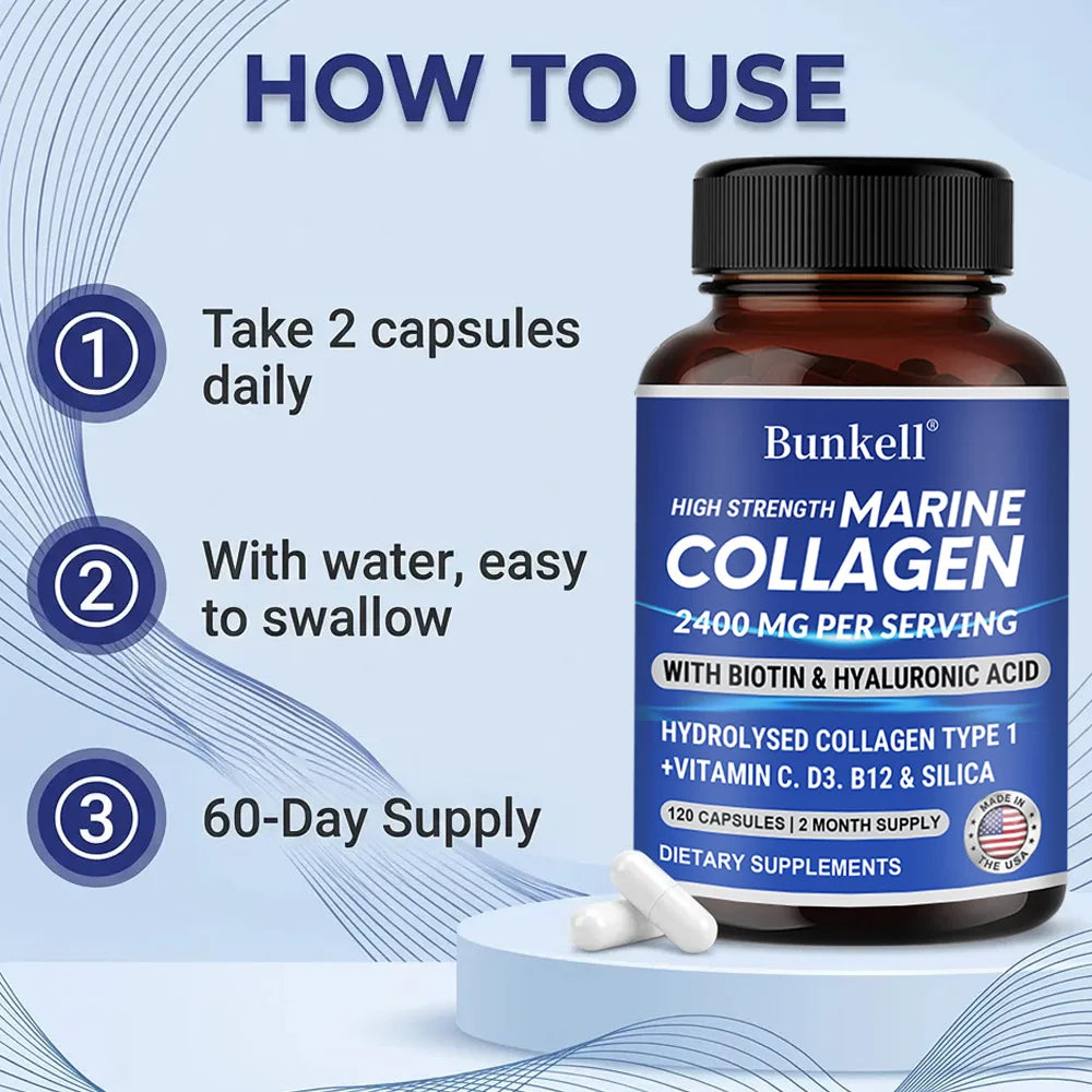 كولاجين بحري 2400مج بحمض الهيالورونيك وفيتامين C وبيوتين | Marine Collagen 2400mg with Hyaluronic Acid & Vitamin C