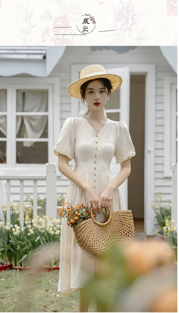 Summer 2026 New Gentle Style Yellow Cotton Blend Bubble Sleeve Dress High Waist A-Line Skirt V-Neck Single Button Closure Dress