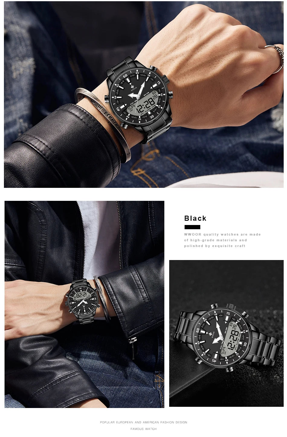 WWOOR Luxury Watches For Men Military Chronograph Digital Quartz Man's Wristwatch Waterproof Stainless Steel Luminous Male Clock
