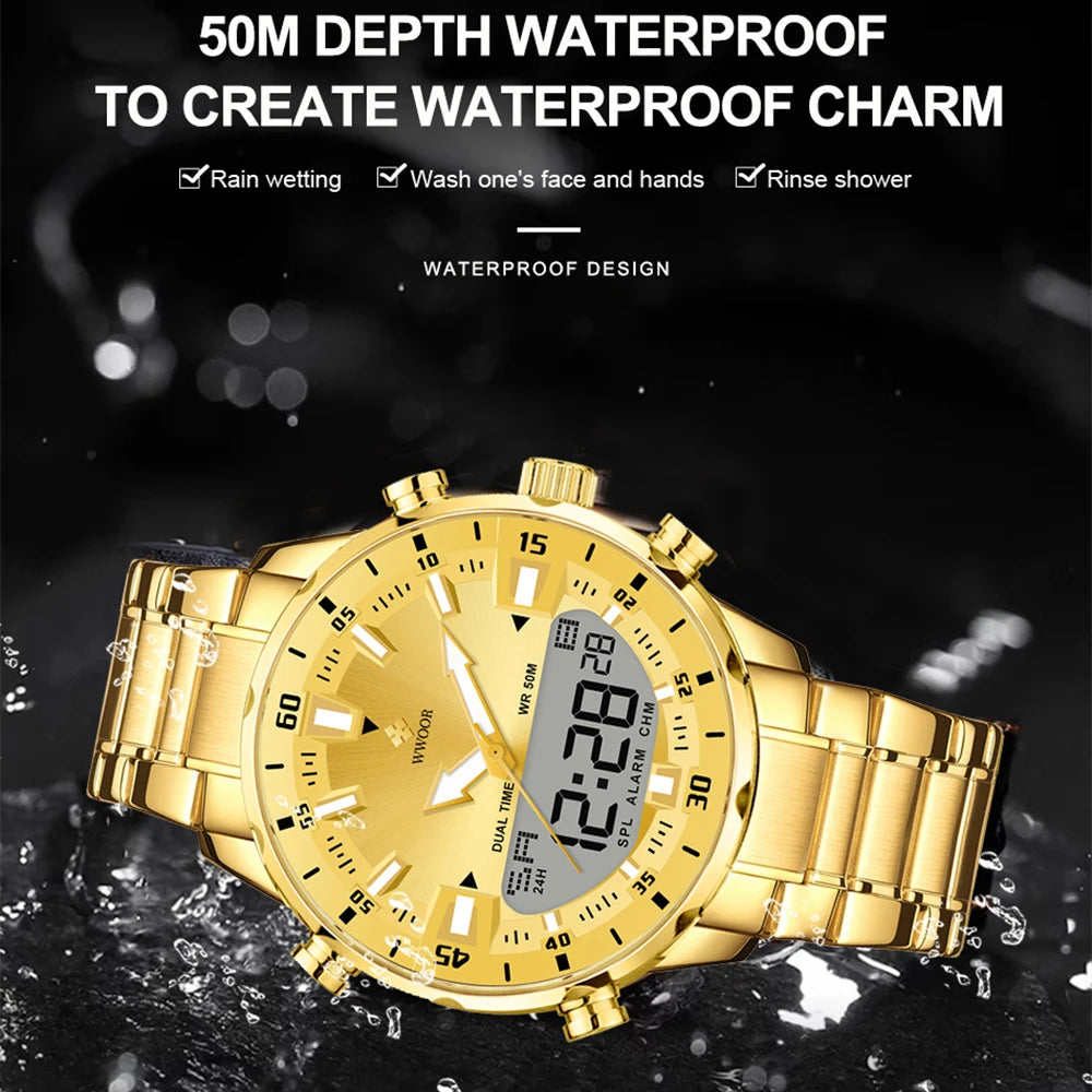 WWOOR Luxury Watches For Men Military Chronograph Digital Quartz Man's Wristwatch Waterproof Stainless Steel Luminous Male Clock