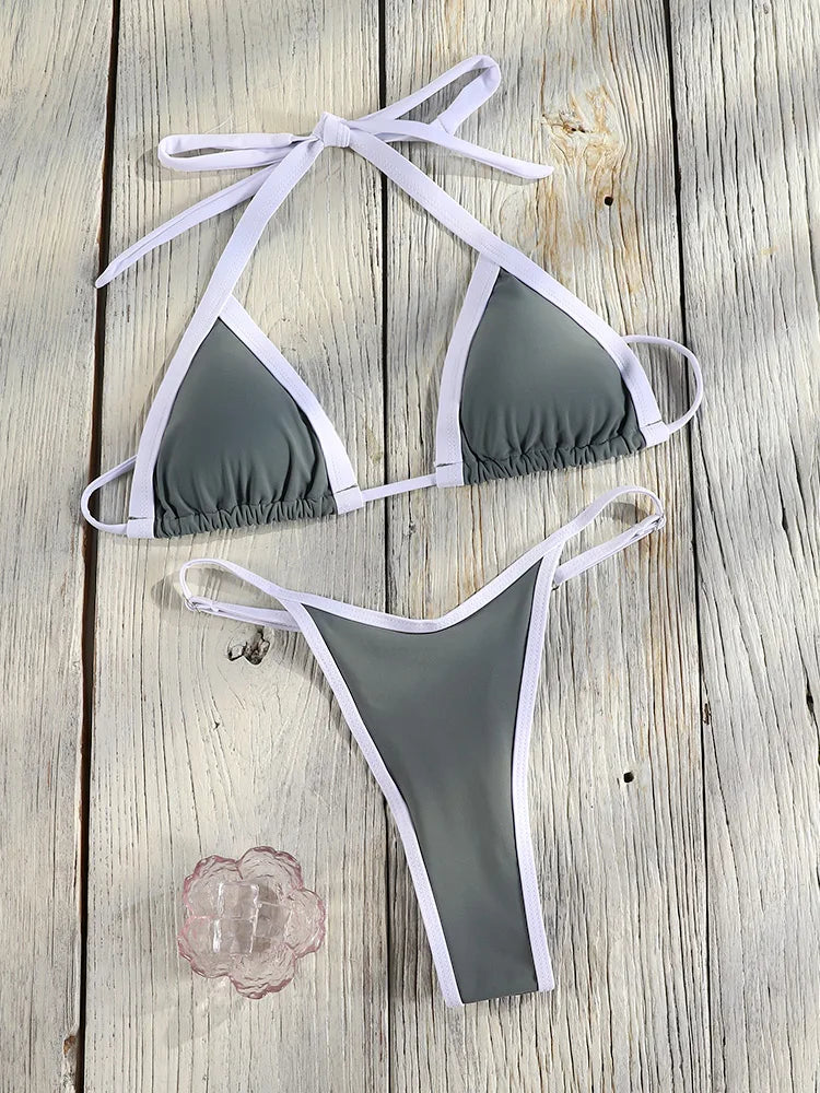 Bordered Bikinis Set Triangle Women's Swimwear 2026 Sexy Swimsuit Blue Bathing Suit Micro Biquini Brazilian Thongs Beach Wear