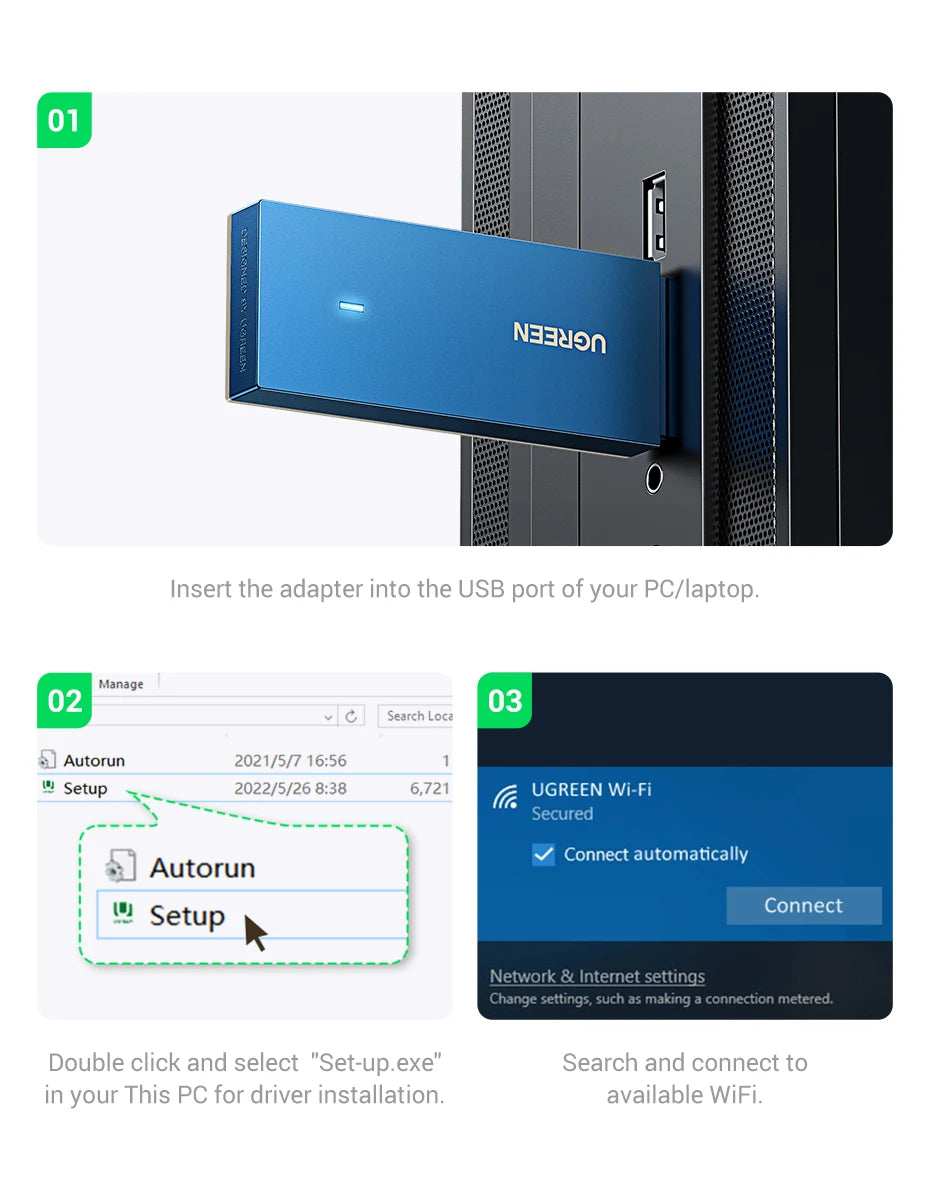 UGREEN WiFi Adapter AX900 AX1800 AC1300 WiFi6/5 5GHz&2.4GHz USB WiFi Dongle Antenna for Desktop Laptop USB Ethernet Network Card
