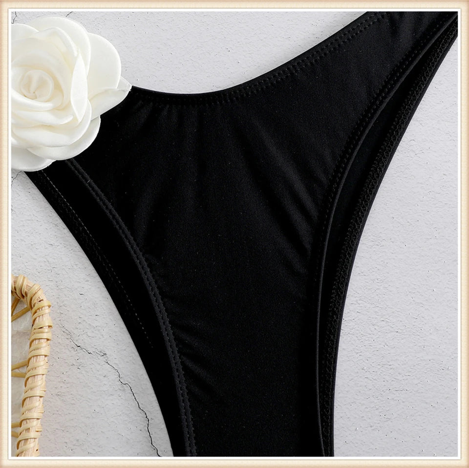 Bandeau Bikini Front 3D Flower Flower Decoration Swimwear Women High Waist Solid Swimsuit Elegant Beachwear Bathing Suit Summer