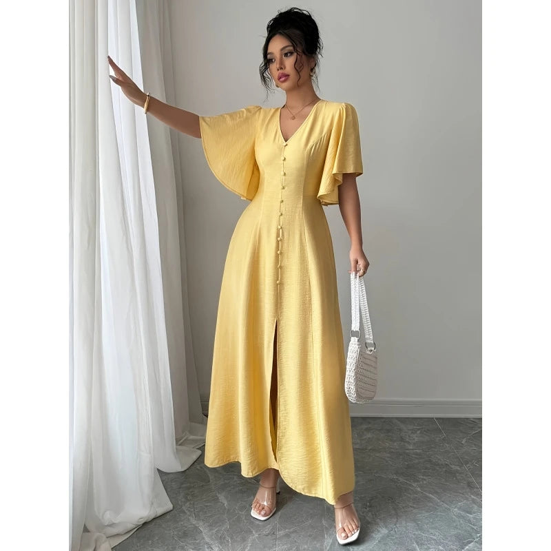 Chic Short Sleeved V Neck Yellow Split Dress Women Casual Single Breasted Buckle Slim Midi Dresses Summer Lady Highstreet Robes
