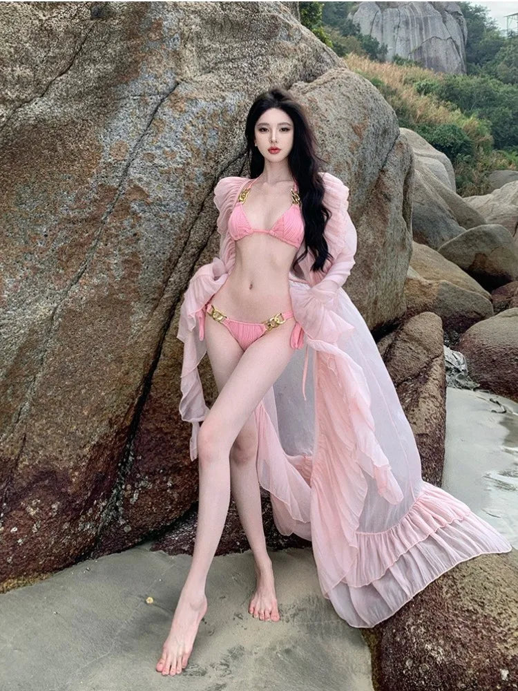 Sexy Bikini Set Beach Vacation Two-Piece Pure Desire Cover-Up Triangular Design with Chest Pad No Steel Support Polyester