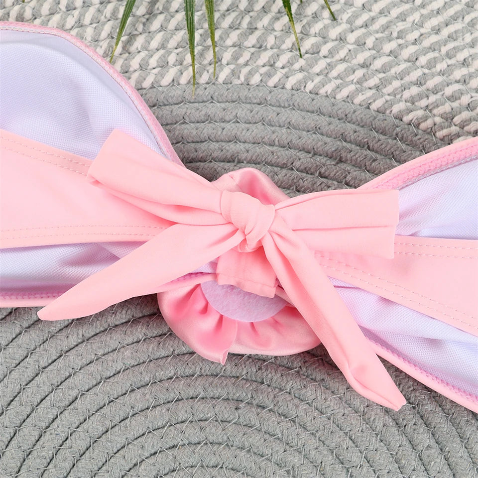 Bandeau Bikini Front 3D Flower Flower Decoration Swimwear Women High Waist Solid Swimsuit Elegant Beachwear Bathing Suit Summer