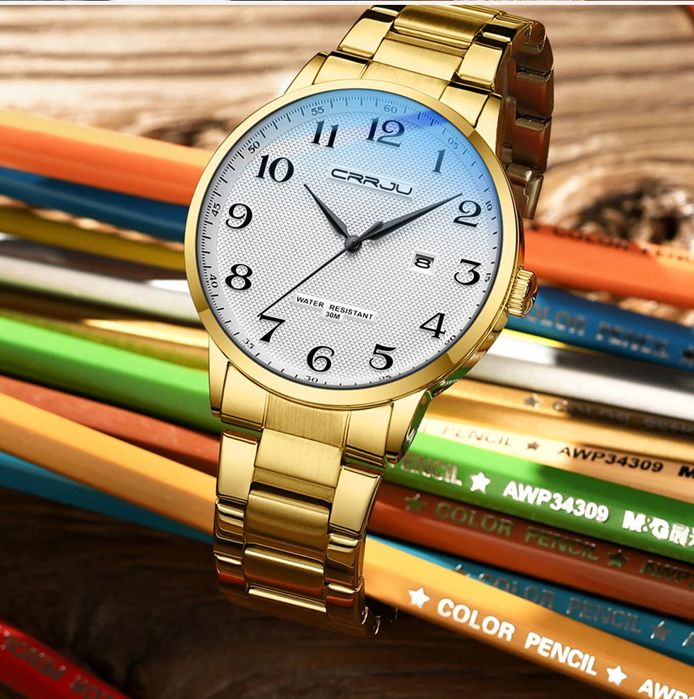 CRRJU New Fashion Men's Watches Stainless Steel Top Brand Luxury Waterproof Men Quartz Wristwatches Relogio Masculino