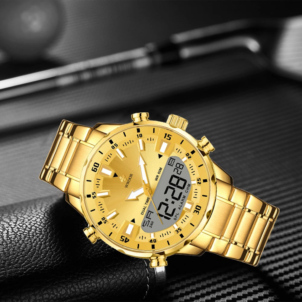 WWOOR Luxury Watches For Men Military Chronograph Digital Quartz Man's Wristwatch Waterproof Stainless Steel Luminous Male Clock