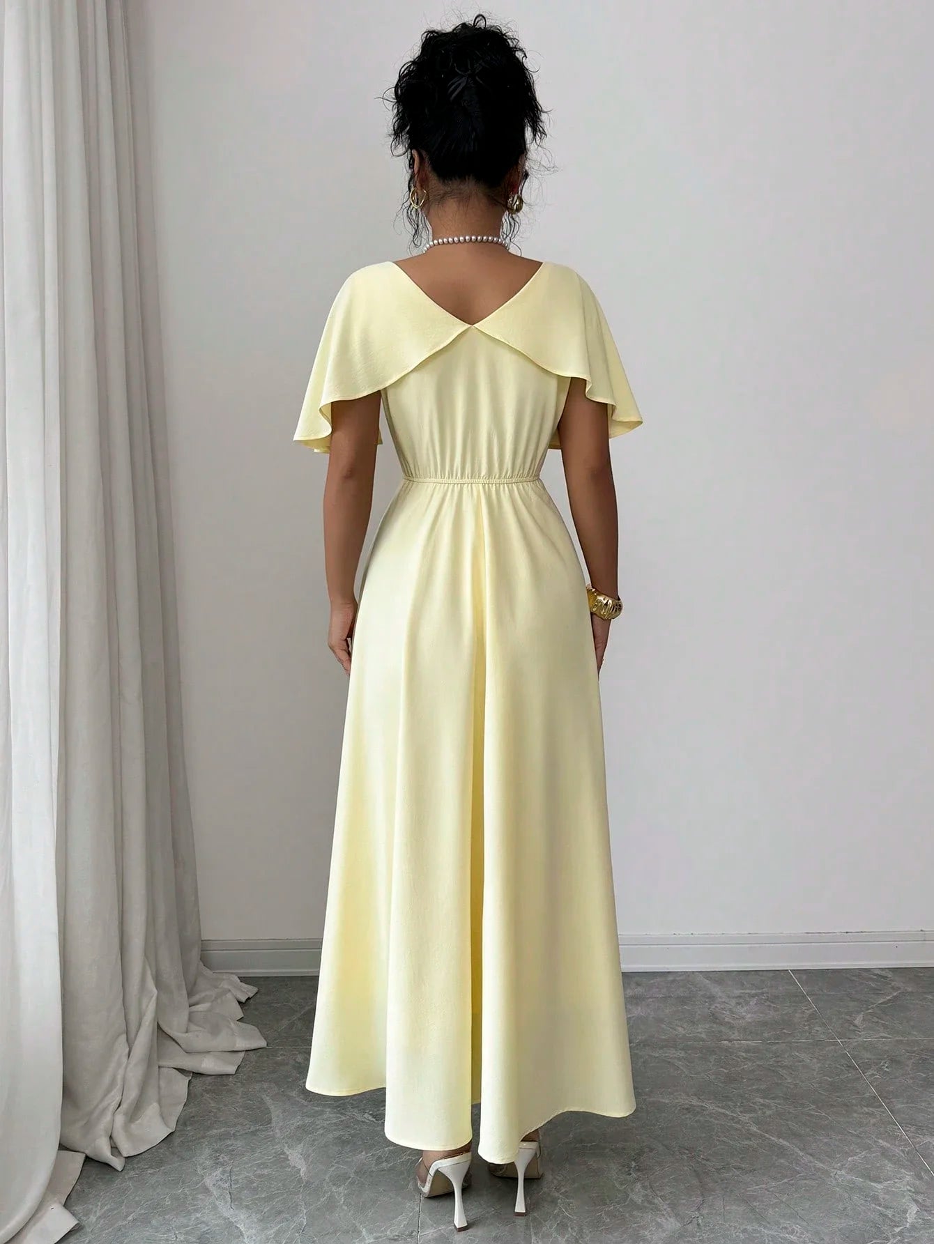 Women's Spring Summer V-Neck Ruffle Sleeve Cinched Waist A-Line Dress Pale Yellow