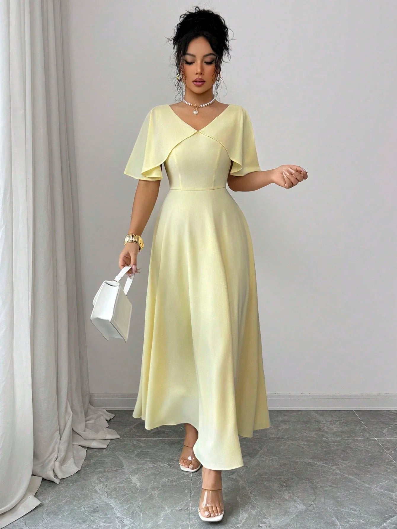 Women's Spring Summer V-Neck Ruffle Sleeve Cinched Waist A-Line Dress Pale Yellow