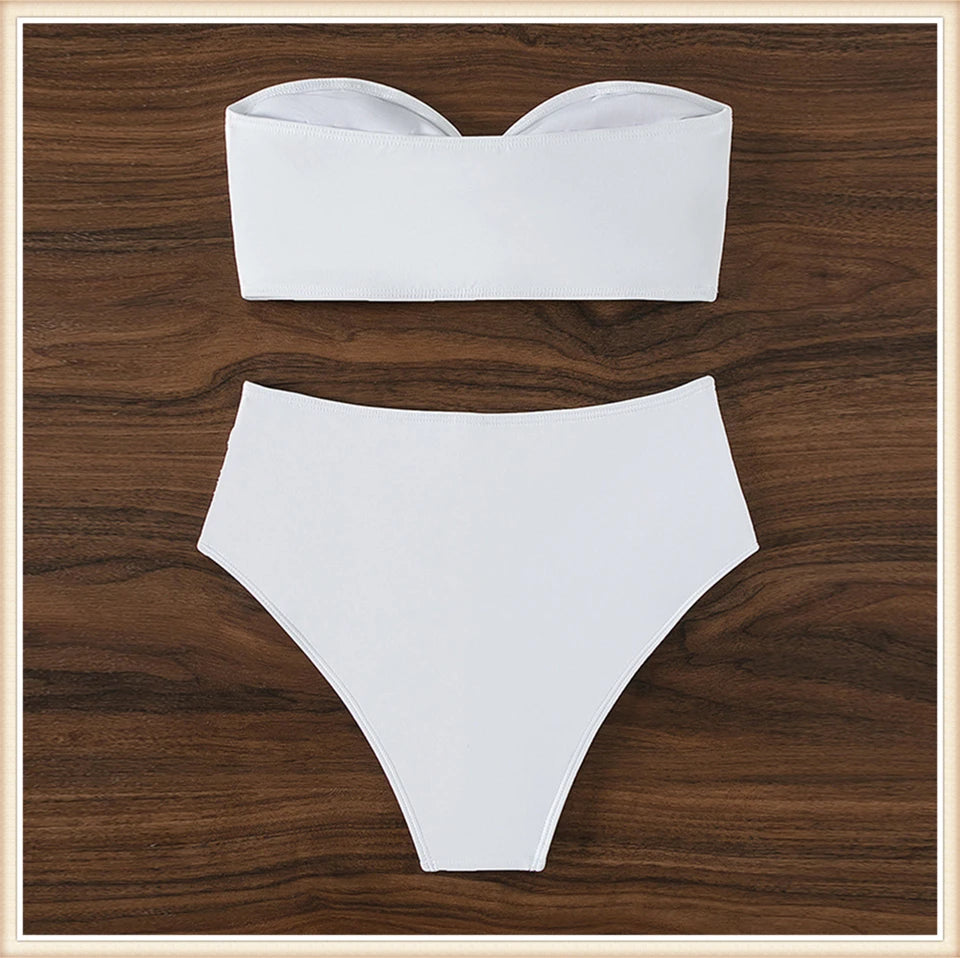 Bandeau Bikini Front 3D Flower Flower Decoration Swimwear Women High Waist Solid Swimsuit Elegant Beachwear Bathing Suit Summer