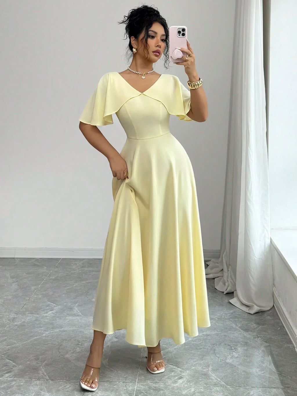 Women's Spring Summer V-Neck Ruffle Sleeve Cinched Waist A-Line Dress Pale Yellow