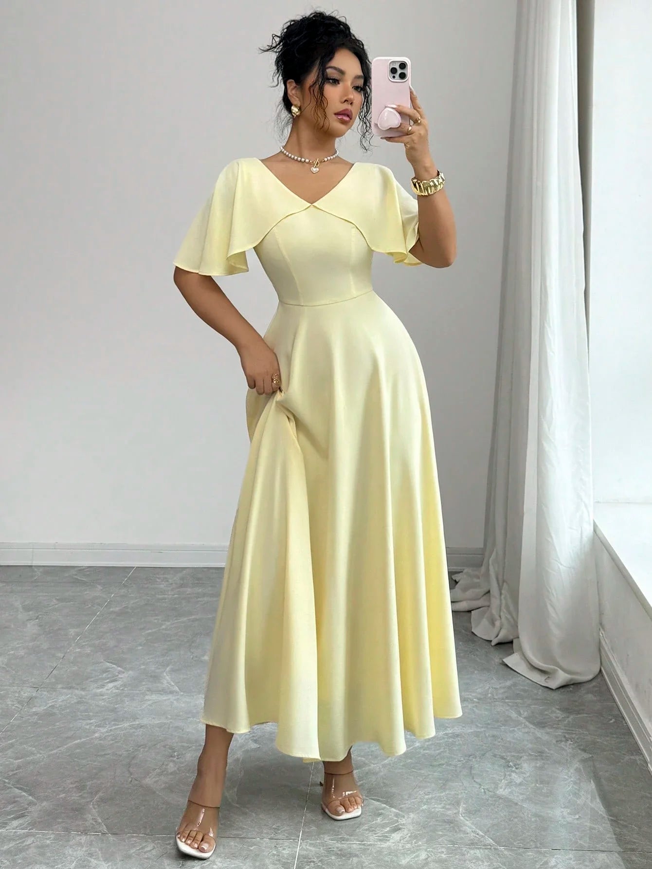 Women's Spring Summer V-Neck Ruffle Sleeve Cinched Waist A-Line Dress Pale Yellow