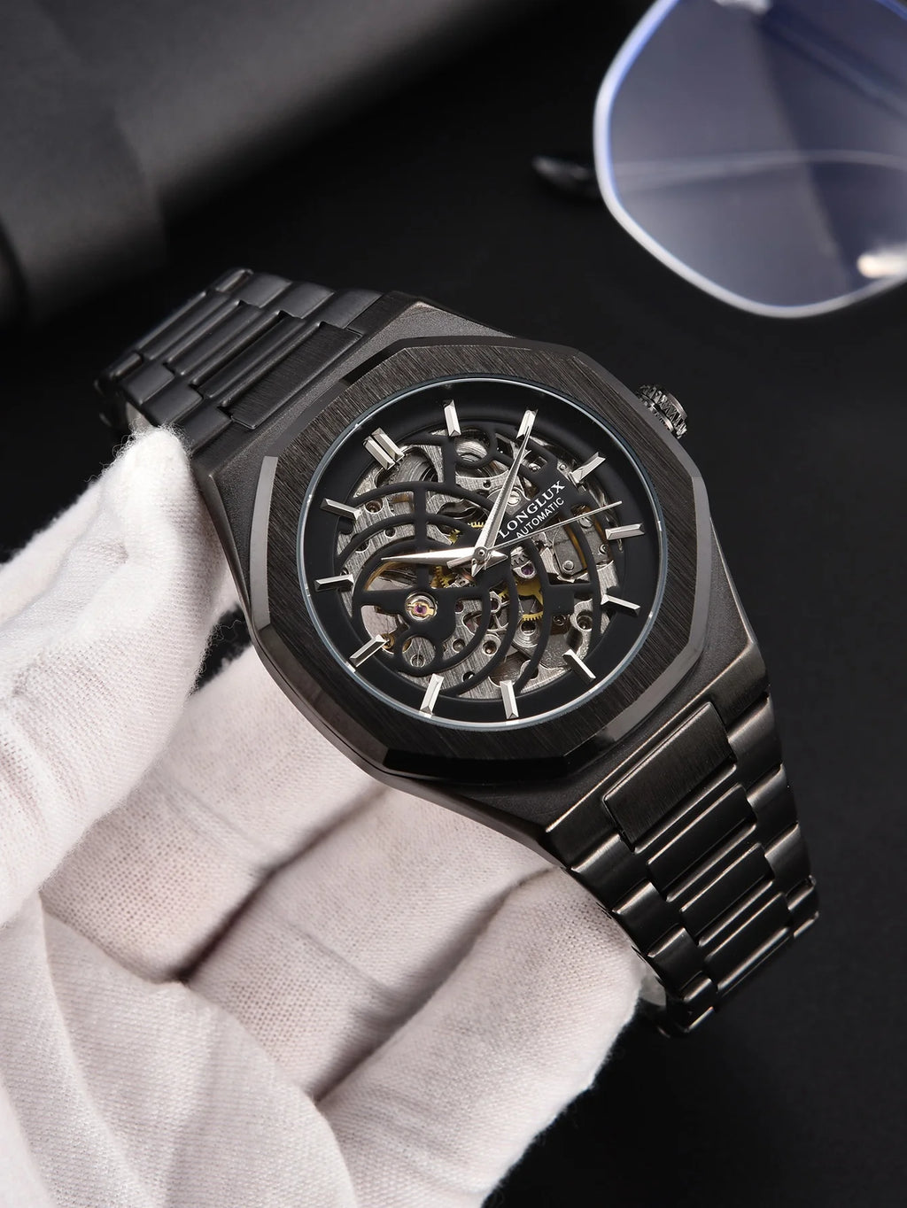 LONGLUX automatic watch business mechanical watches skeleton waterproof luminous stainless steel mens watch office worker gift