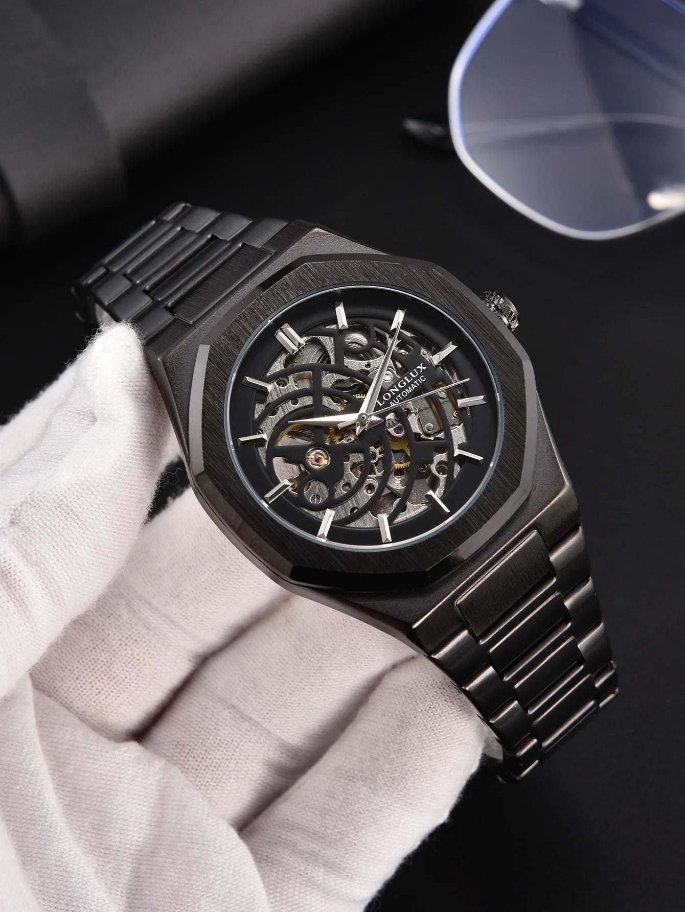 LONGLUX automatic watch business mechanical watches skeleton waterproof luminous stainless steel mens watch office worker gift