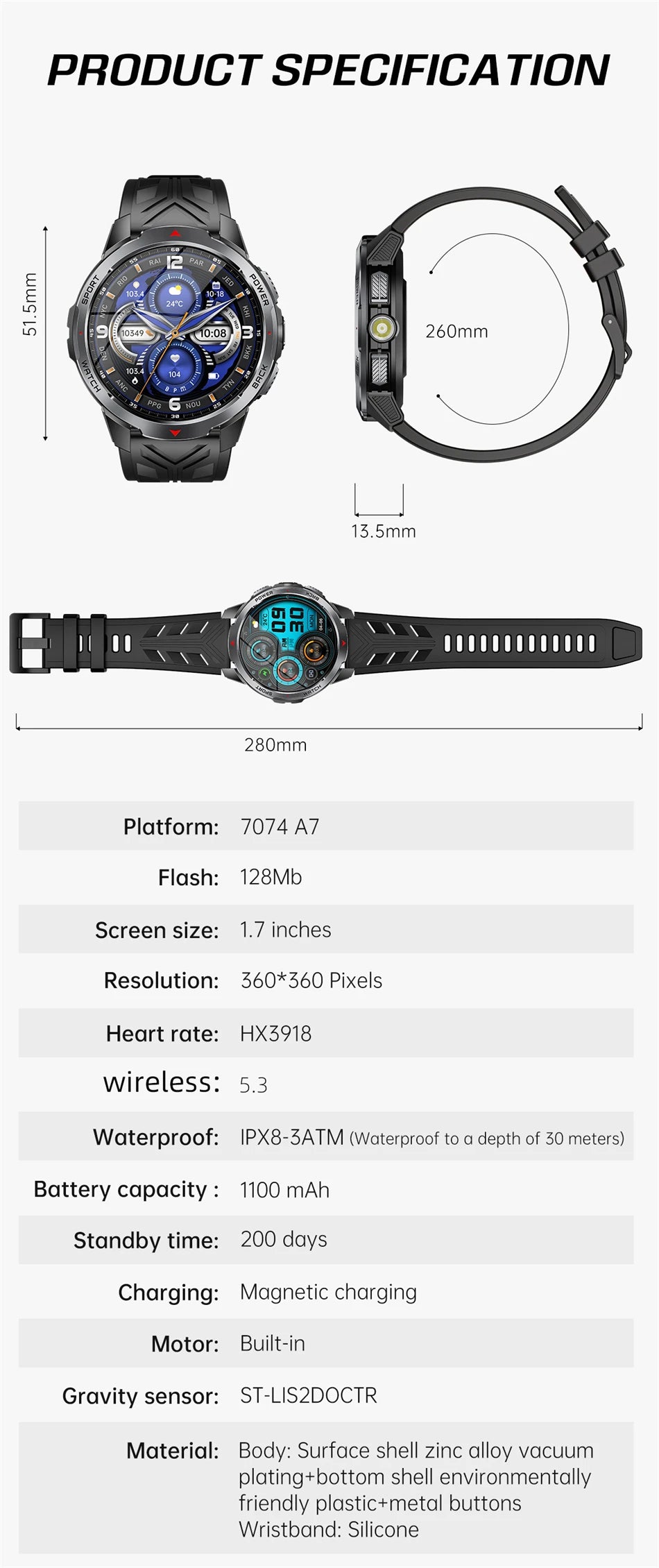 LIGE 1100mAh Large Battery Smart Watch 1.7" Full Screen Touch Bluetooth Smartwatch Men Sleep Heart Rate Monitor Compass Watches