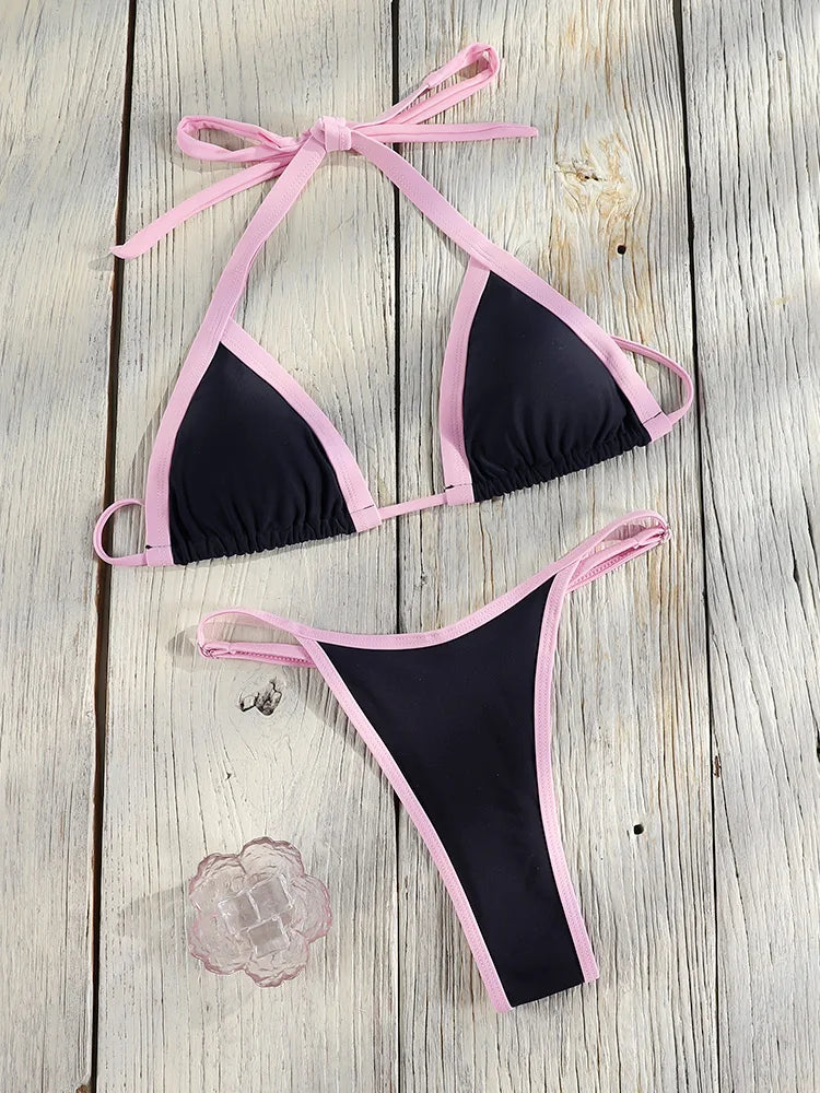 Bordered Bikinis Set Triangle Women's Swimwear 2026 Sexy Swimsuit Blue Bathing Suit Micro Biquini Brazilian Thongs Beach Wear