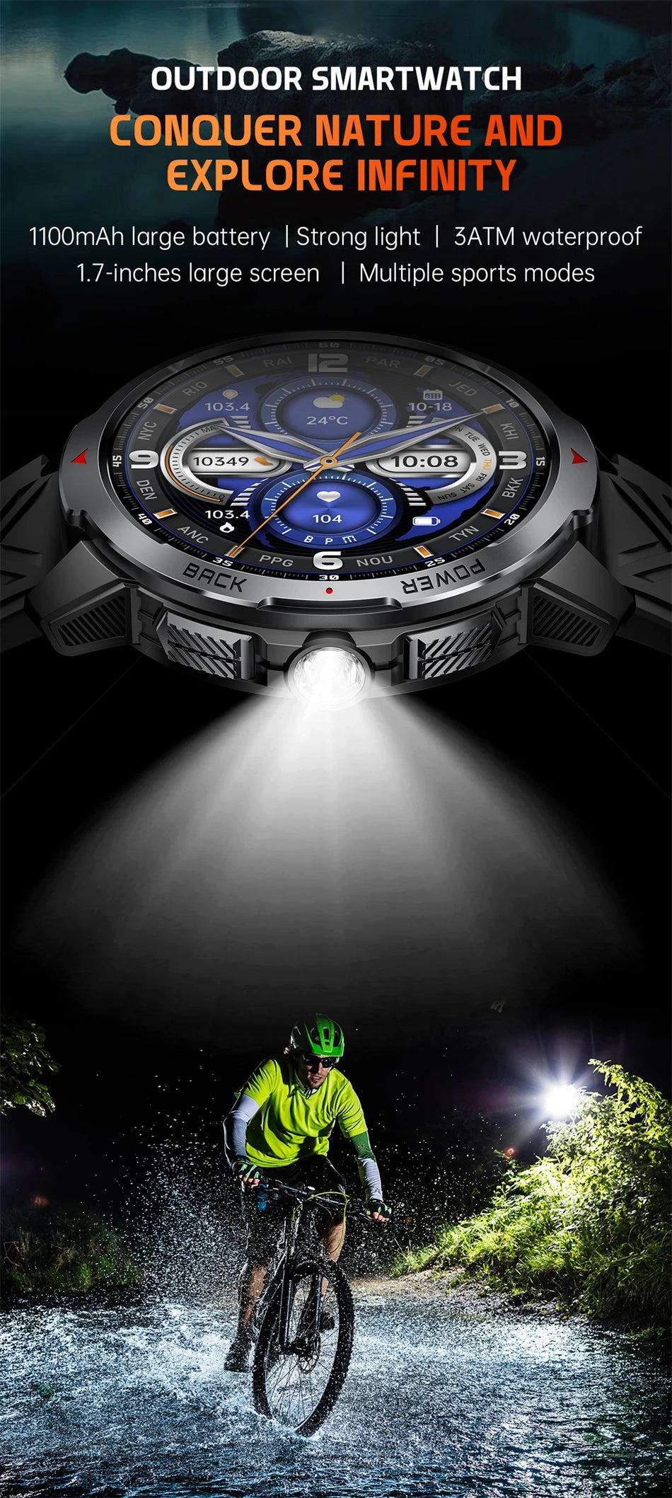 LIGE 1100mAh Large Battery Smart Watch 1.7" Full Screen Touch Bluetooth Smartwatch Men Sleep Heart Rate Monitor Compass Watches