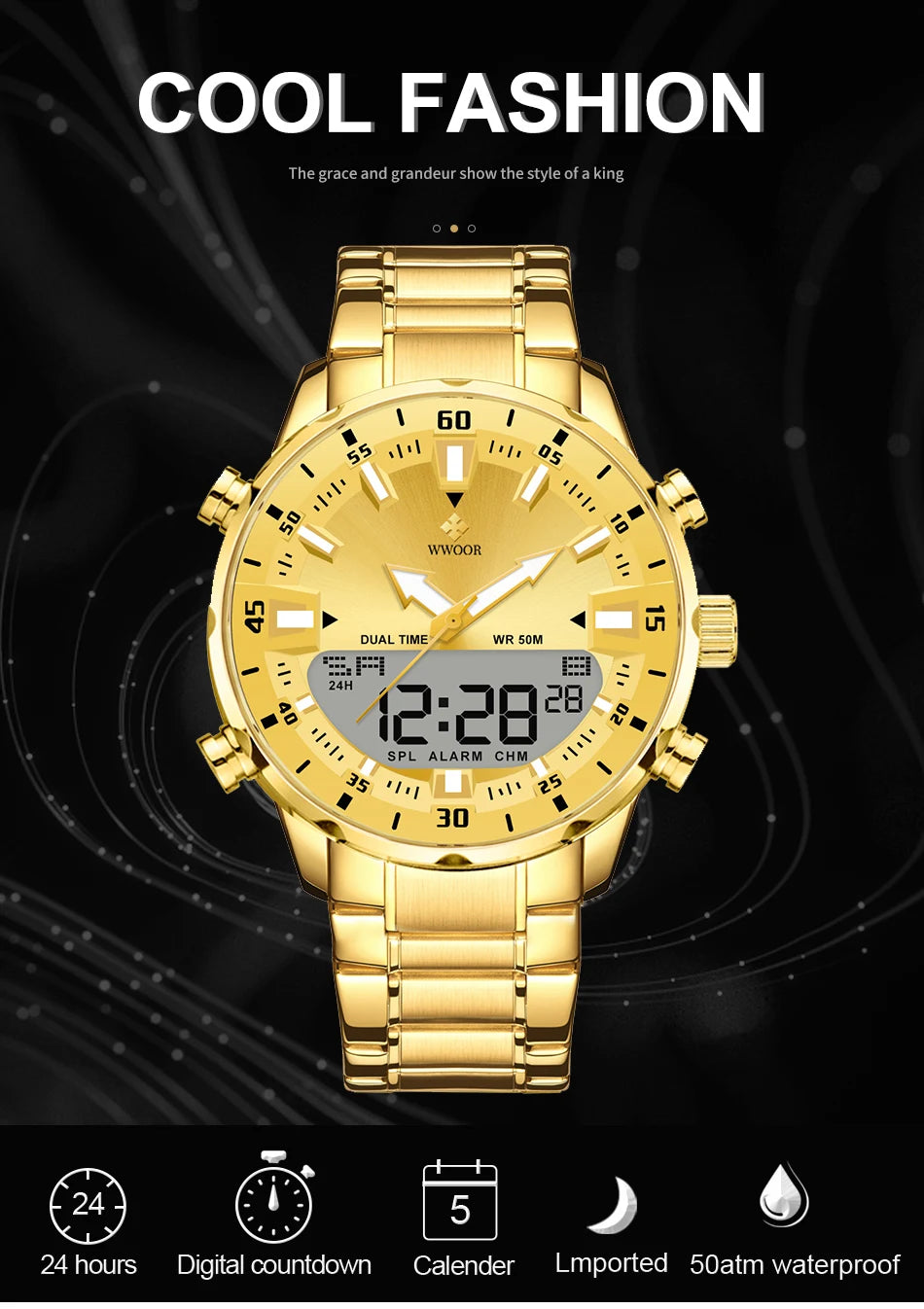 WWOOR Luxury Watches For Men Military Chronograph Digital Quartz Man's Wristwatch Waterproof Stainless Steel Luminous Male Clock