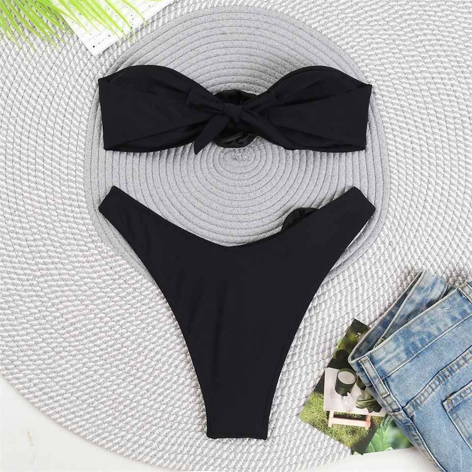 Bandeau Bikini Front 3D Flower Flower Decoration Swimwear Women High Waist Solid Swimsuit Elegant Beachwear Bathing Suit Summer