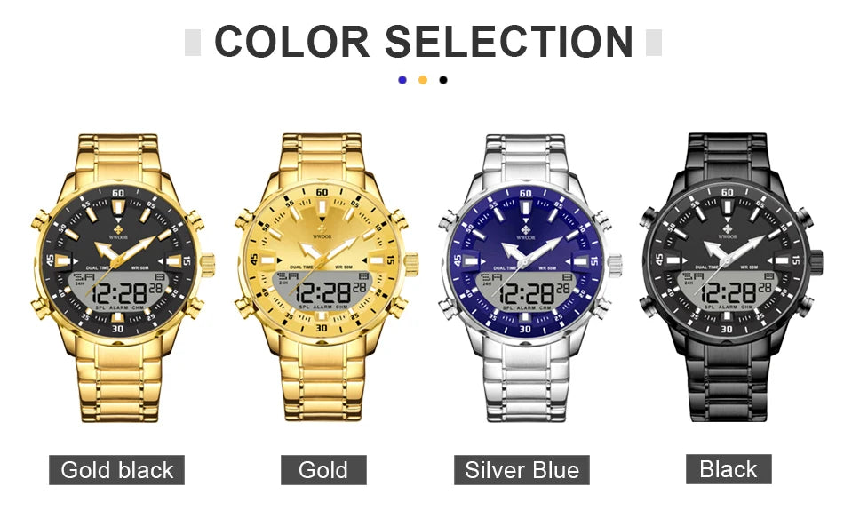 WWOOR Luxury Watches For Men Military Chronograph Digital Quartz Man's Wristwatch Waterproof Stainless Steel Luminous Male Clock