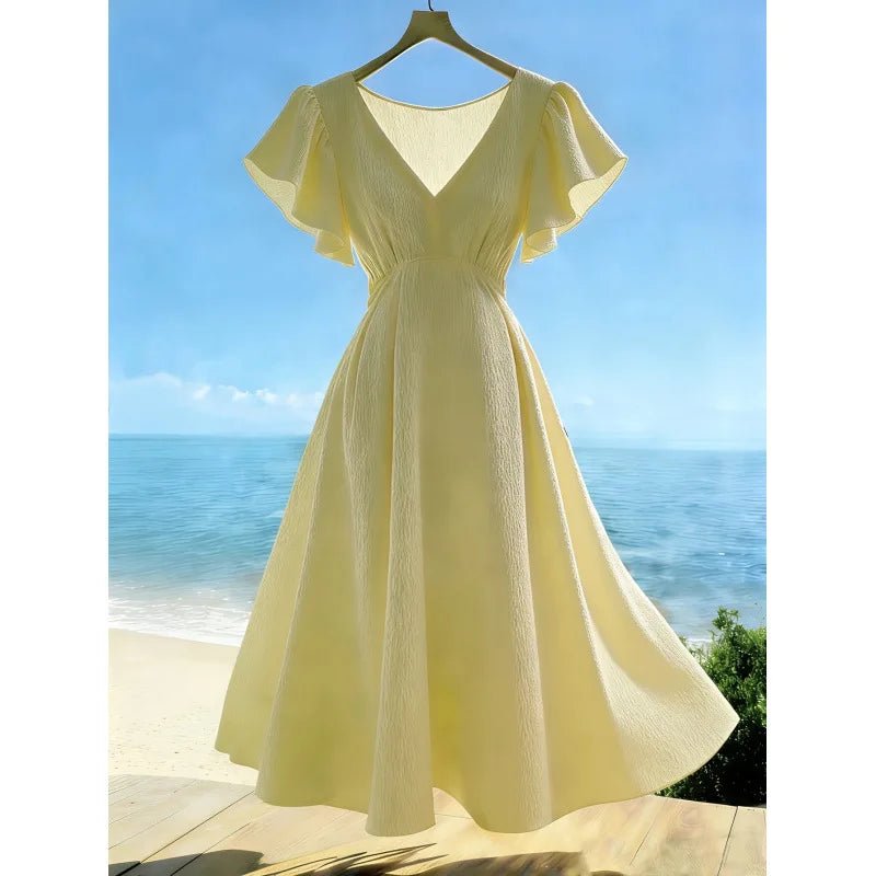 Women's New Summer French Elegant Casual Solid Color Ruffle V-neck A-line Long Dress Dresses For Women Clothing Lace Bandage
